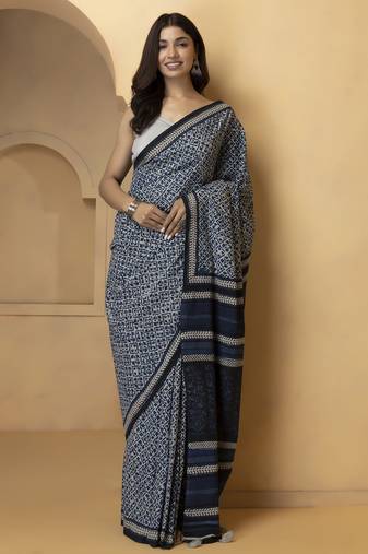 Blue & white floral block print pure cotton bagru saree
