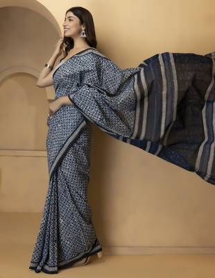 Blue & white floral block print pure cotton bagru saree 2