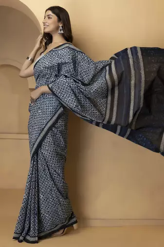 Blue & white floral block print pure cotton bagru saree