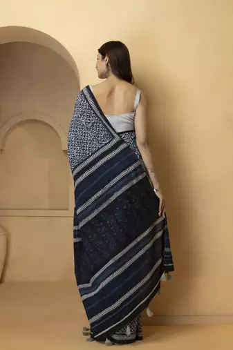 Blue & white floral block print pure cotton bagru saree