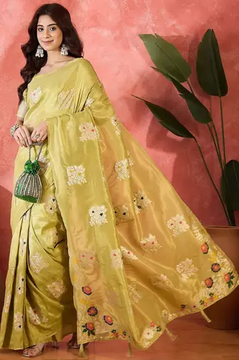 Mustard shimmer art silk blend woven jacquard saree