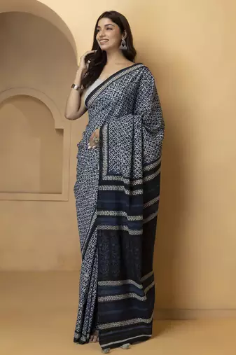 Blue & white floral block print pure cotton bagru saree