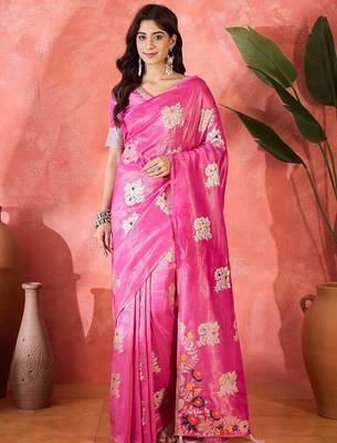 Pink shimmer art silk blend woven jacquard saree 1