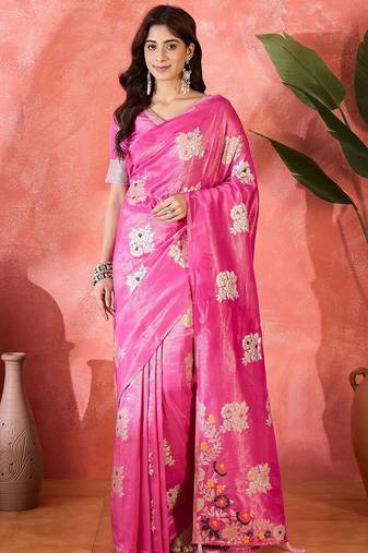 Pink shimmer art silk woven jacquard saree