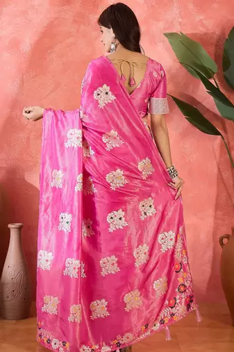 Pink shimmer art silk blend woven jacquard saree