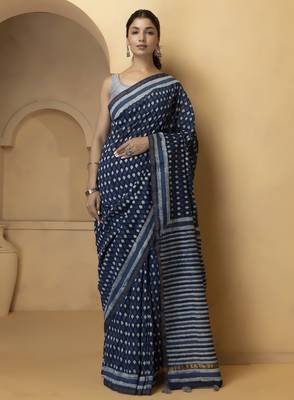 Blue & white cotton bagru saree 1