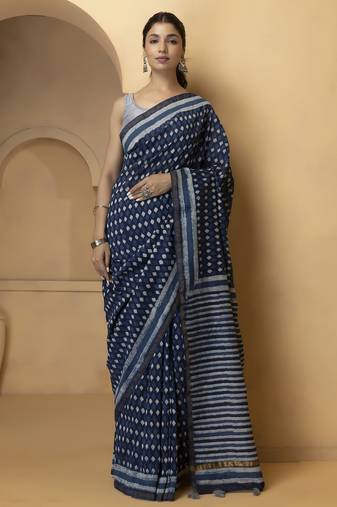 Blue & white pure silk bagru saree