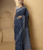 Blue & white cotton bagru saree
