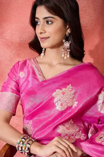 Pink shimmer art silk blend woven jacquard saree