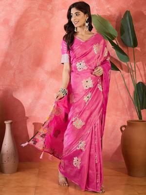 Pink shimmer art silk blend woven jacquard saree 4