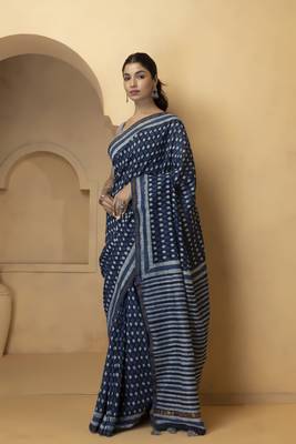Blue & white cotton bagru saree 2