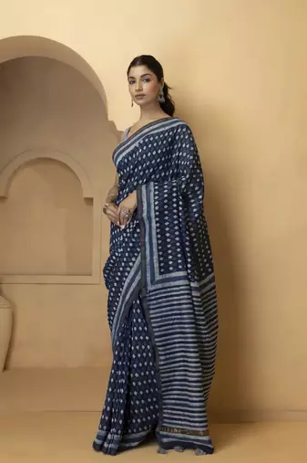 Blue & white cotton bagru saree