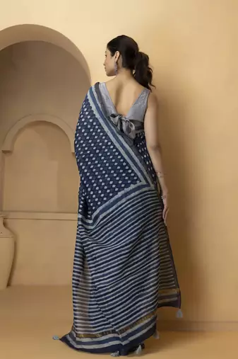 Blue & white cotton bagru saree