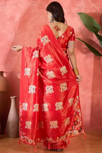 Red shimmer art silk blend woven jacquard saree