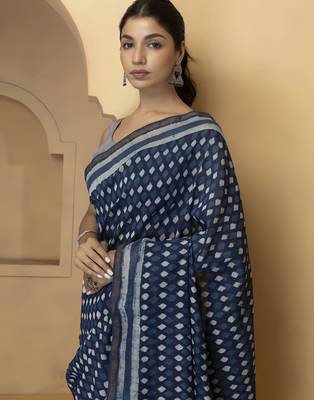 Blue & white cotton bagru saree 4