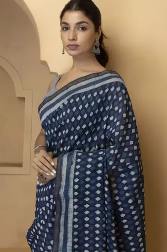 Blue & white cotton bagru saree