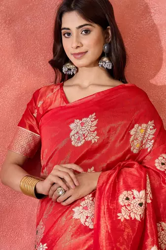 Red shimmer art silk blend woven jacquard saree