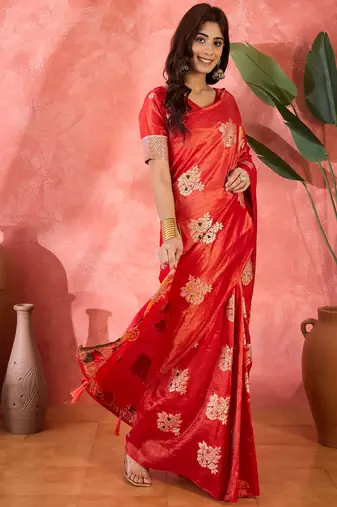 Red shimmer art silk blend woven jacquard saree