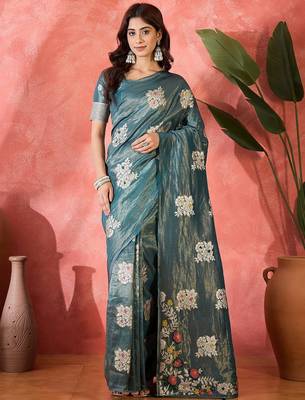 Blue shimmer art silk blend woven jacquard saree 1