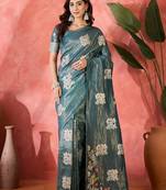 Blue shimmer art silk woven jacquard saree