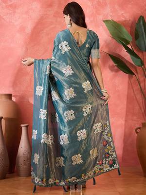 Blue shimmer art silk blend woven jacquard saree 2