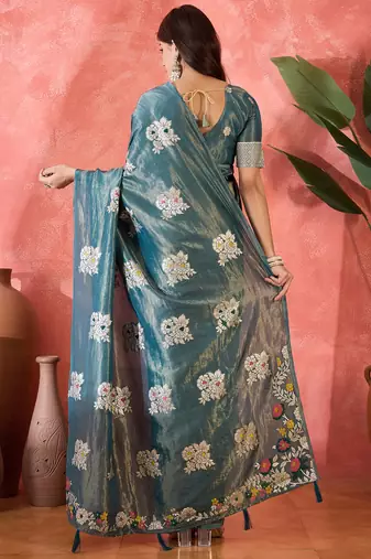 Blue shimmer art silk blend woven jacquard saree