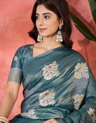 Blue shimmer art silk blend woven jacquard saree 3