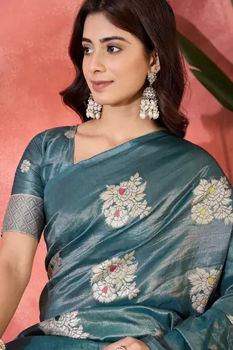 Blue shimmer art silk blend woven jacquard saree