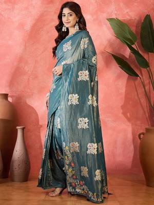 Blue shimmer art silk blend woven jacquard saree 4