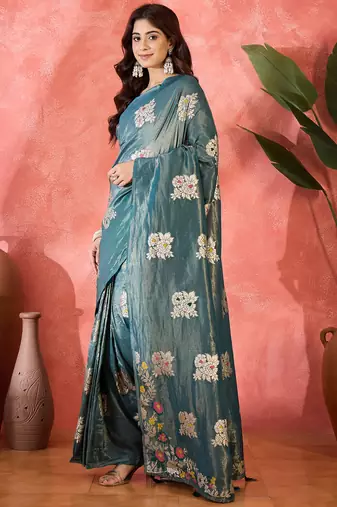 Blue shimmer art silk blend woven jacquard saree
