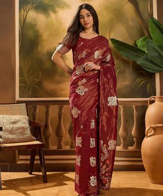Maroon shimmer art silk blend woven jacquard saree 1