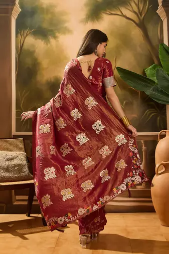 Maroon shimmer art silk blend woven jacquard saree