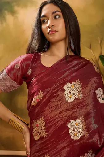 Maroon shimmer art silk blend woven jacquard saree