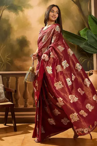 Maroon shimmer art silk blend woven jacquard saree