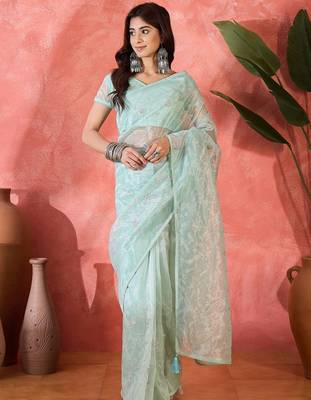 Sea green twill net sequins embroidered saree 1
