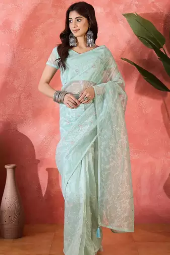 Sea green twill net sequins embroidered saree