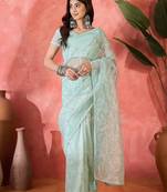 Sea green twill net sequins embroidered saree