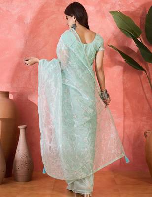 Sea green twill net sequins embroidered saree 2