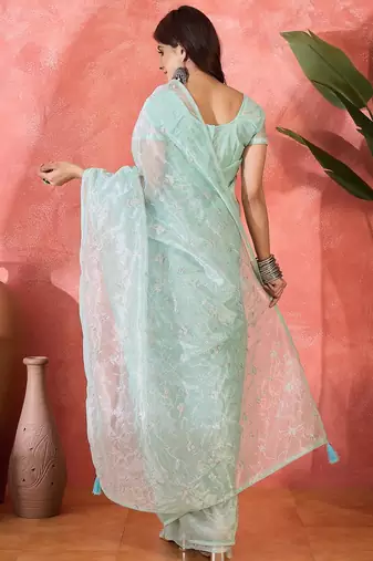 Sea green twill net sequins embroidered saree