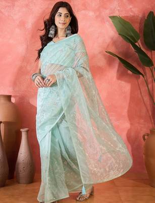 Sea green twill net sequins embroidered saree 4