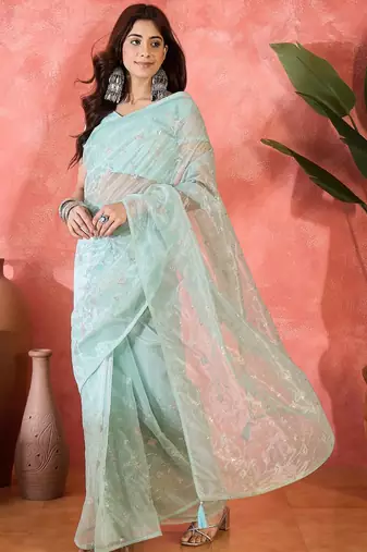 Sea green twill net sequins embroidered saree