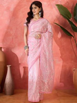 Pink twill net sequins embroidered saree 1