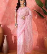 Pink twill net sequins embroidered saree