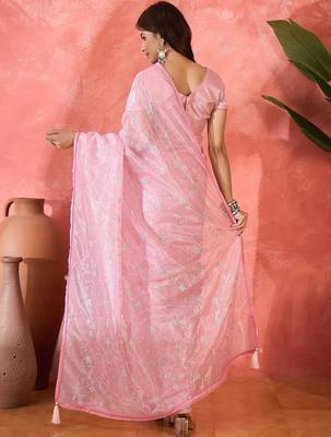 Pink twill net sequins embroidered saree 2