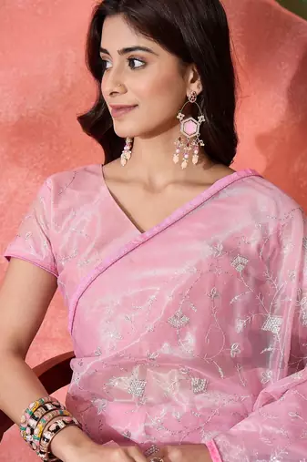 Pink twill net sequins embroidered saree