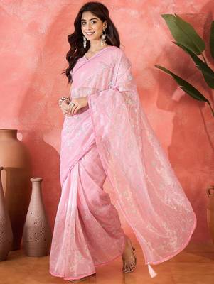 Pink twill net sequins embroidered saree 4