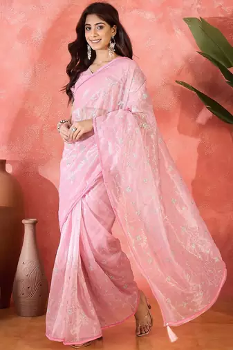 Pink twill net sequins embroidered saree