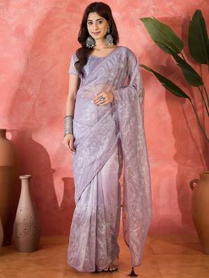 Purple twill net sequins embroidered saree 1