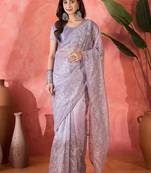Purple twill net sequins embroidered saree