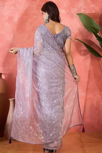 Purple twill net sequins embroidered saree